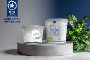 Die Gewinner des WorldStar 2026 Awards von Greiner Packaging: der Click In Siegeldeckel und der CUBO, ausgezeichnet für innovative, nachhaltige und praxisgerechte Verpackungslösungen