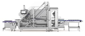 Der Slicer S 800 wird  gleichzeitig mit vier Produktlogs automatisch be-laden und erzeugt zu einem Schindel geformte Portionen mit einem Gewicht von 200 g