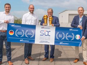 Gerhard Weigand (2 v.r.), Leitung Vertrieb KNAPP Deutschland GmbH nahm den Preis für das Open Shuttle Fork bei der Preisverleihung der SIX Challenge 2024 entgegen